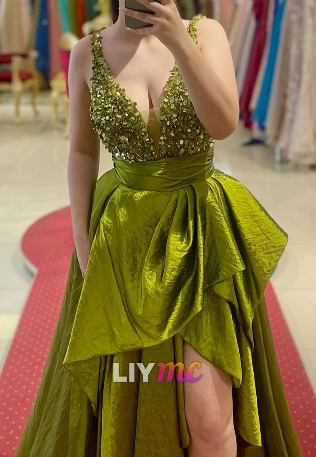 V-Neck Straps Sequins Ruched A-Line Evening Dress