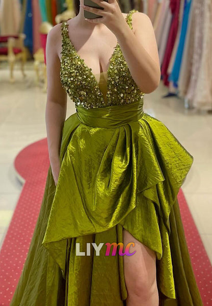 V-Neck Straps Sequins Ruched A-Line Evening Dress