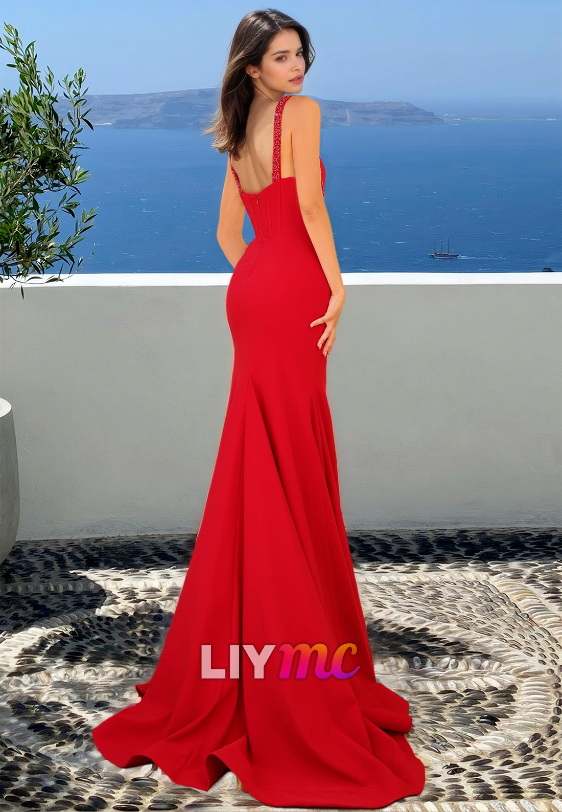 V-Neck Straps Side Slit Sleek Mermaid Evening Dress