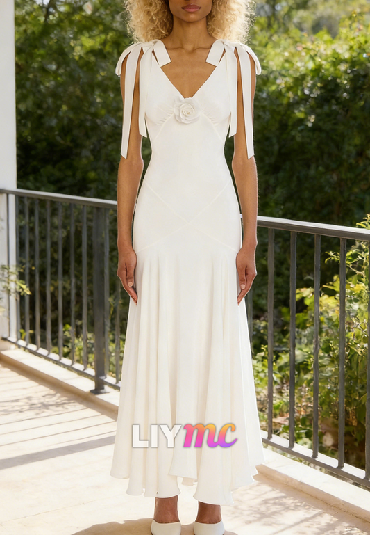 V-Neck Straps Sleek A-Line Maxi Wedding Dress