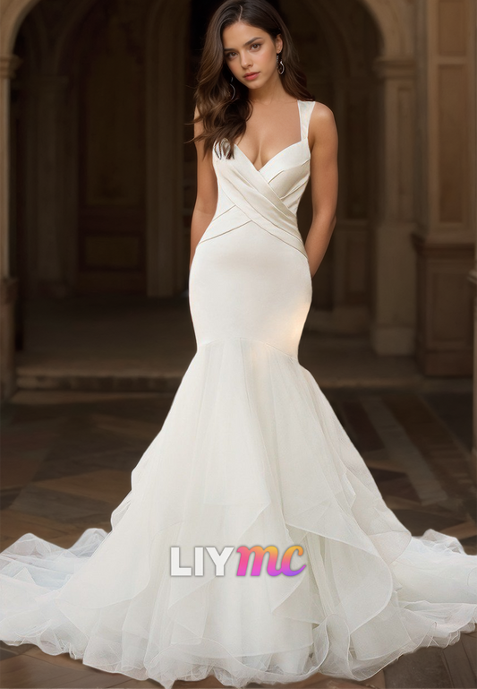 V-Neck Straps Sleek Mermaid Sweep Train Wedding Dress