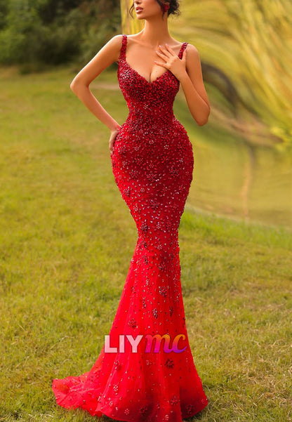 V-Neck Straps Sleeveless Beaded Mermaid Prom Dress
