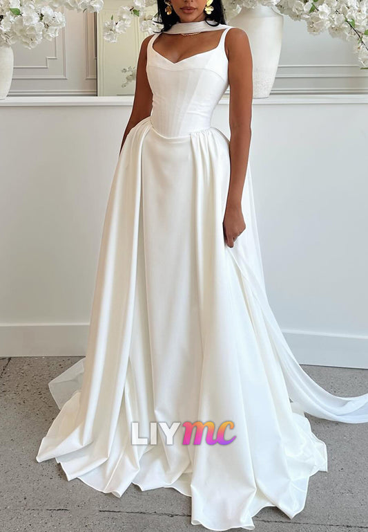V-Neck Straps Sleeveless Pleated A-Line Simple Wedding Dress
