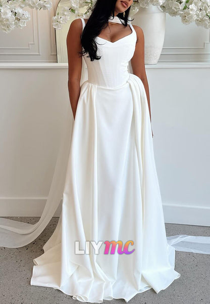 V-Neck Straps Sleeveless Pleated A-Line Simple Wedding Dress