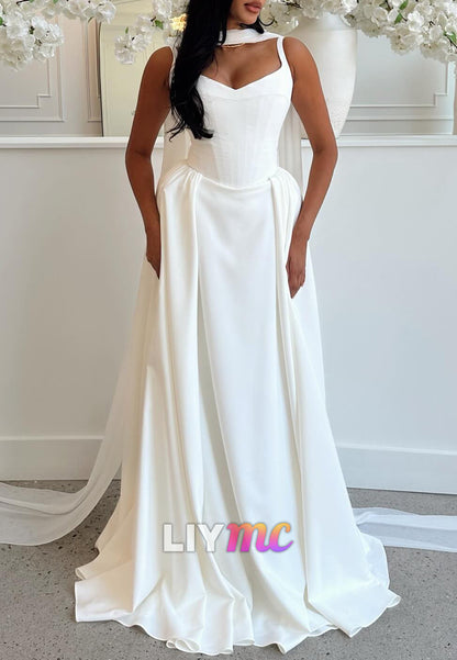 V-Neck Straps Sleeveless Pleated A-Line Simple Wedding Dress