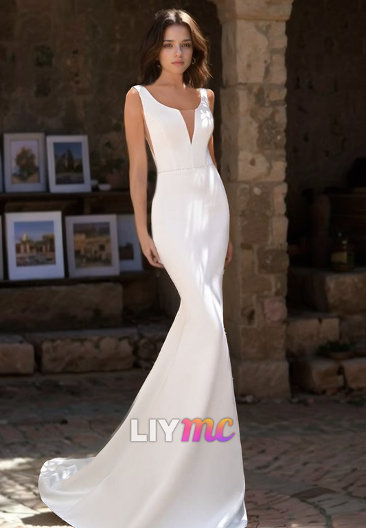 V-Neck Straps Sleeveless Sleek Mermaid Beach Wedding Dress