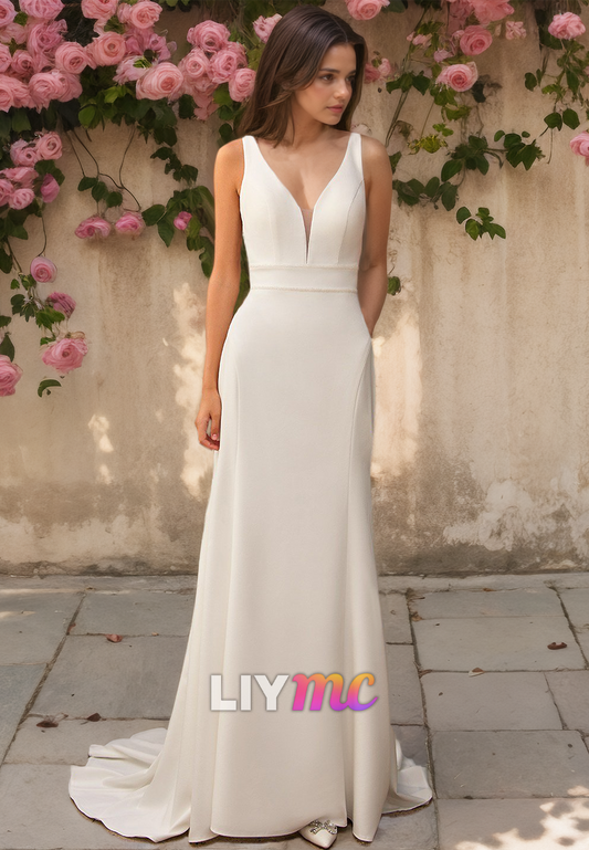 V-Neck Straps Sleeveless Sleek Mermaid Wedding Dress