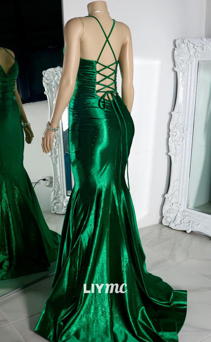 LP1963 - V-Neck Straps Sleeveless Sleek Satin Lace-Up Mermaid Prom Dress