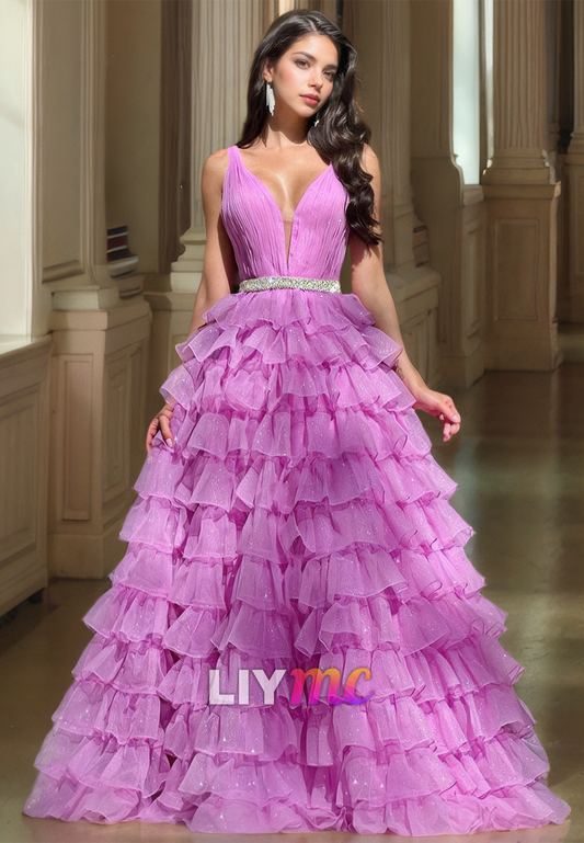 V-Neck Straps Sleeveless Tiered Tulle Ball Gown Prom Dress