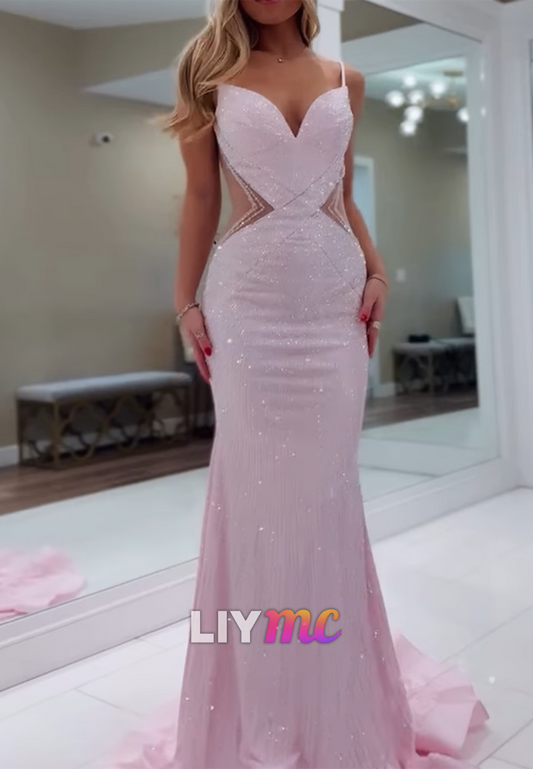 V-Neck Straps Sparkly Backless Mermaid Pink Prom Dress