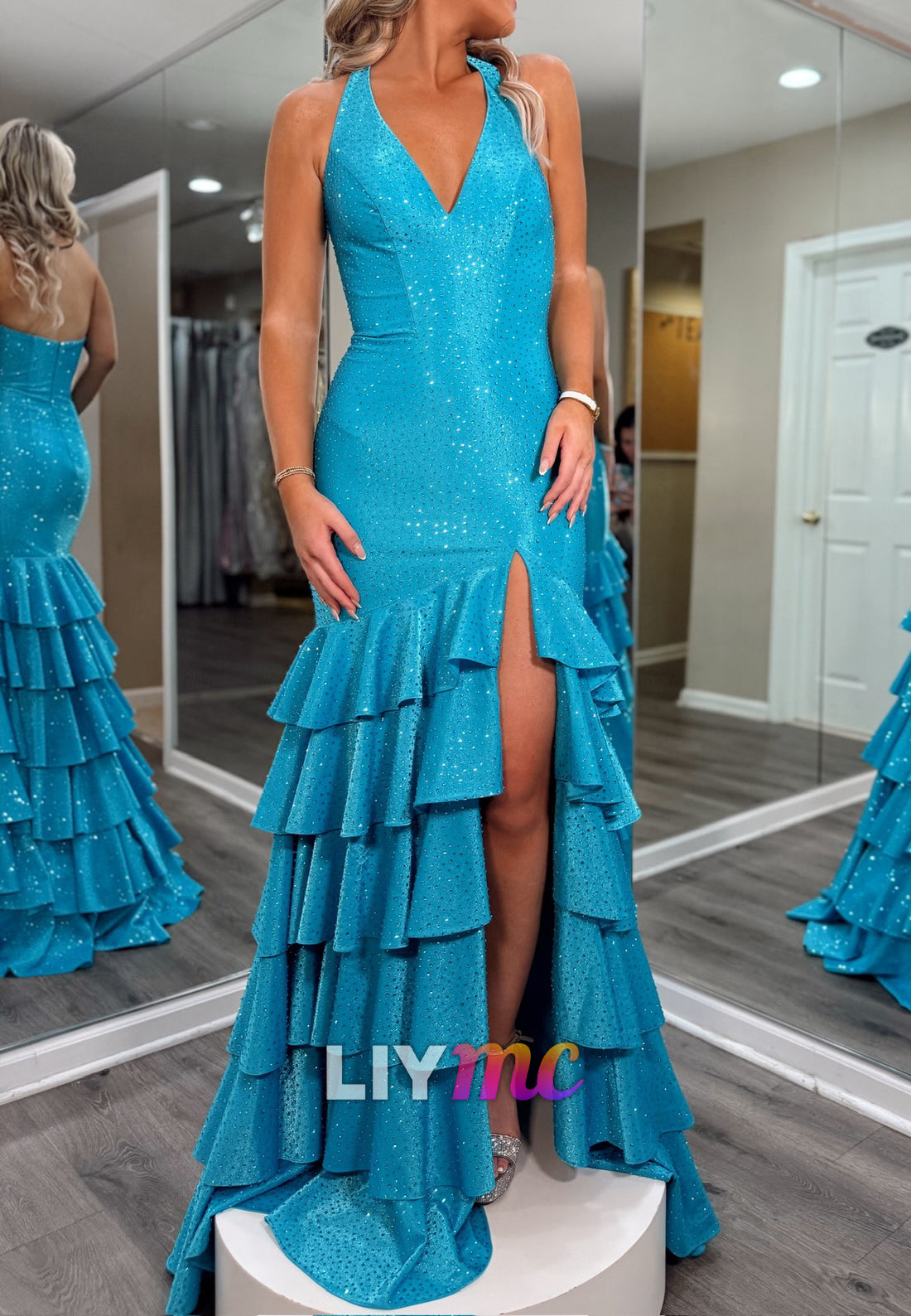 V-Neck Straps Tiered Sparkly Mermaid Prom Dress