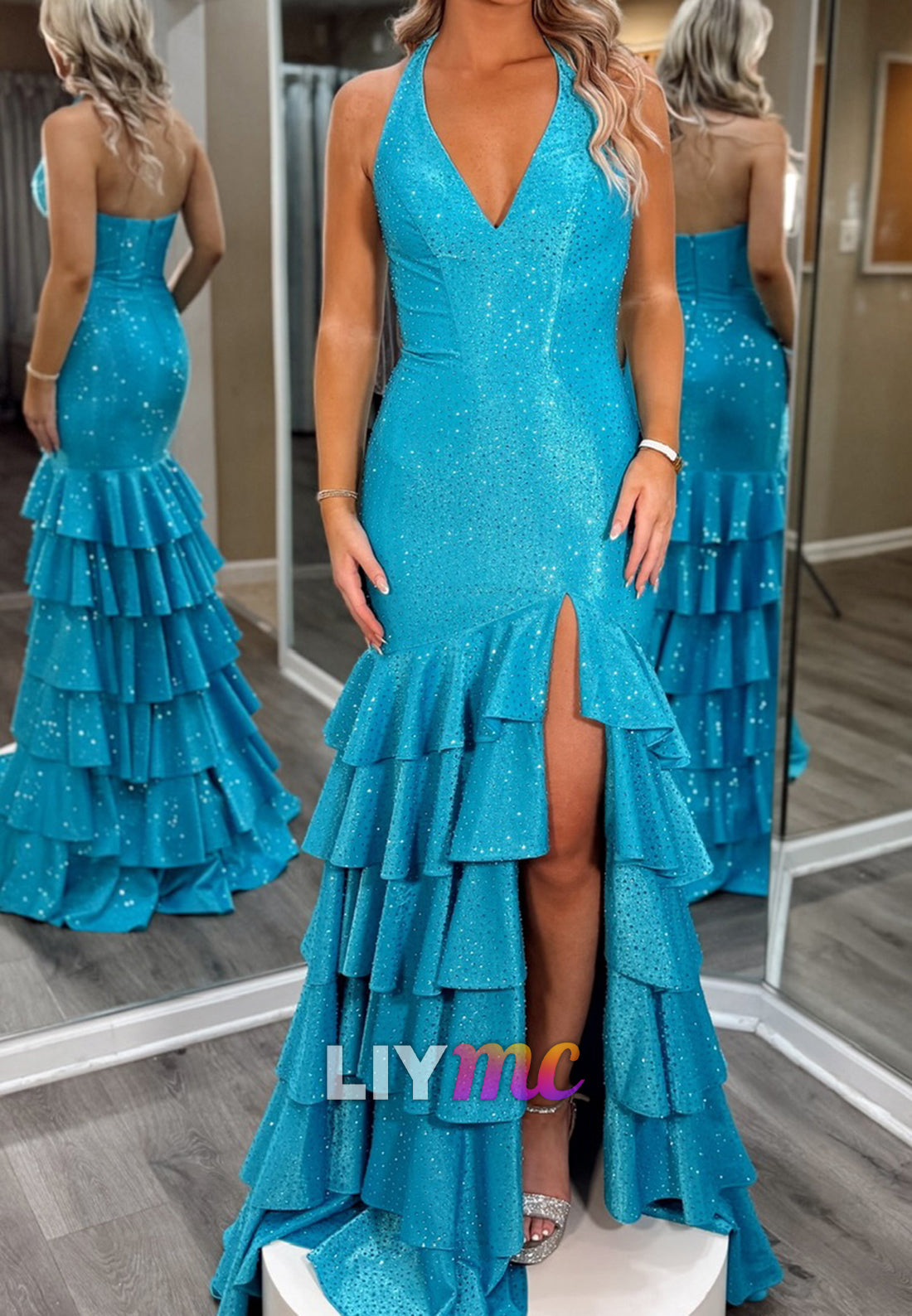 V-Neck Straps Tiered Sparkly Mermaid Prom Dress