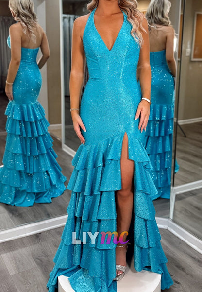 V-Neck Straps Tiered Sparkly Mermaid Prom Dress