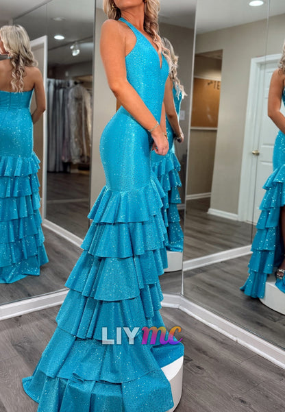 V-Neck Straps Tiered Sparkly Mermaid Prom Dress