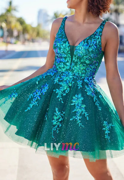 V-Neck Tulle Sparkly Appliques A-Line Party Homecoming Dress
