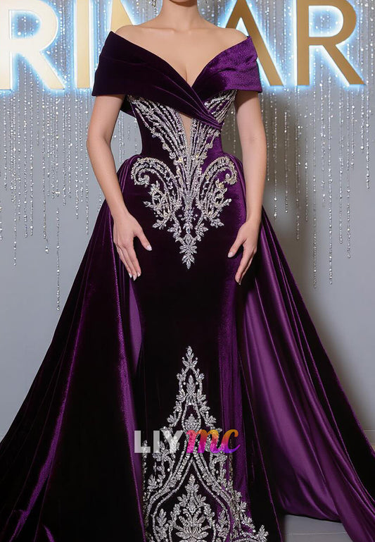 V-Neck Velvet Beaded Appliques Mermaid Evening Dress