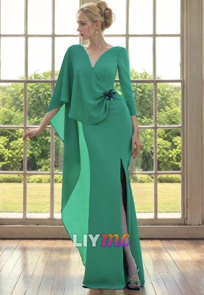 V-Neck Long Sleeves Chiffon Ruched Mother of Bride Dress Cocktail Dress