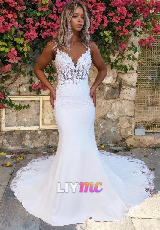 LW056 - Elegant Mermaid/Trumpet Spaghetti Straps Lace Satin Long Wedding Dress