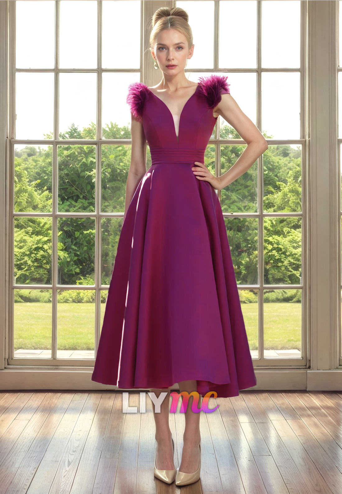 V-Neck Feathered Pleated A-Line Mother of Bride Dress Cocktail Dress