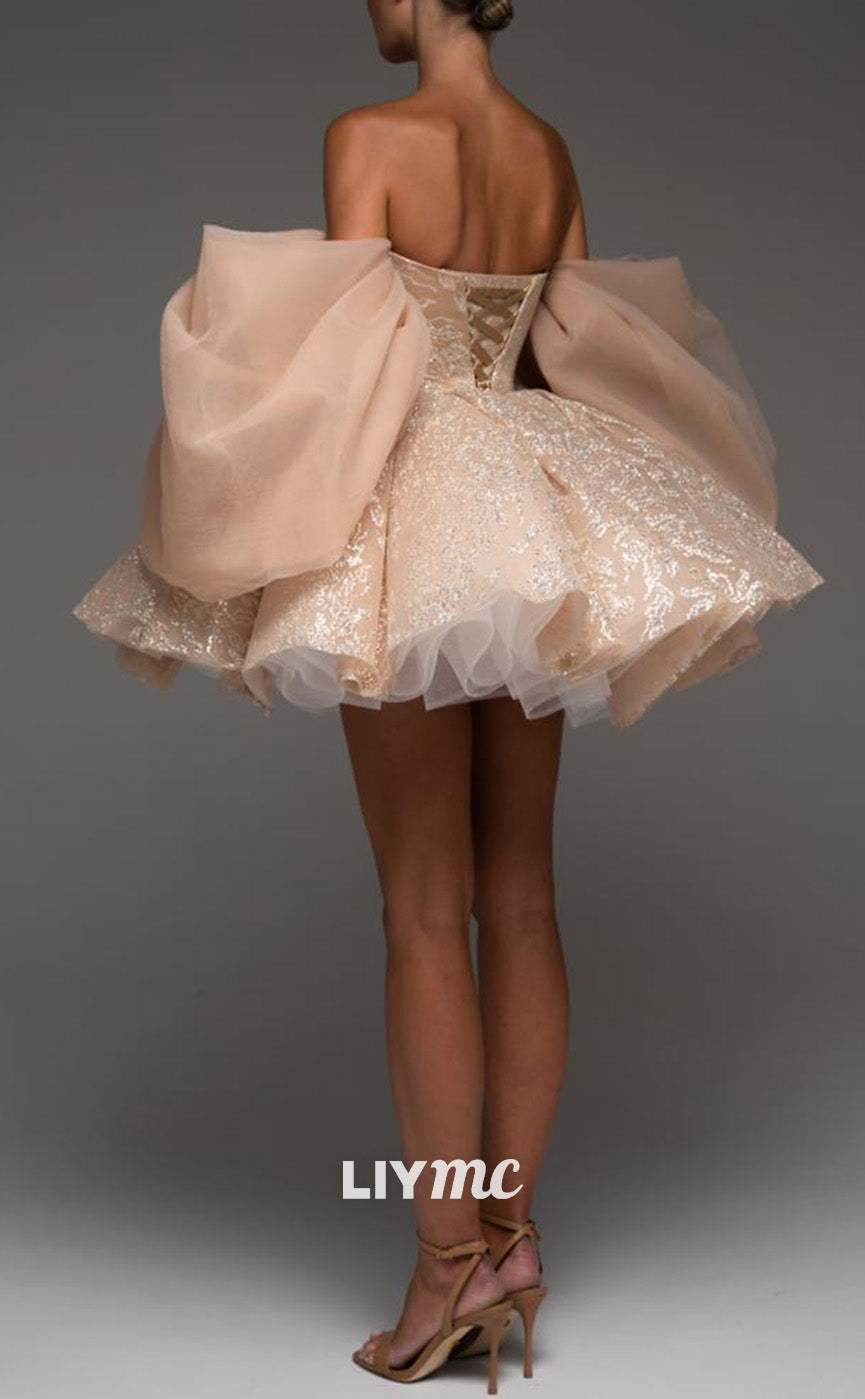 LY318 - V-Neck Sleeves Lace-Up Sparkly Short Homecoming Dress