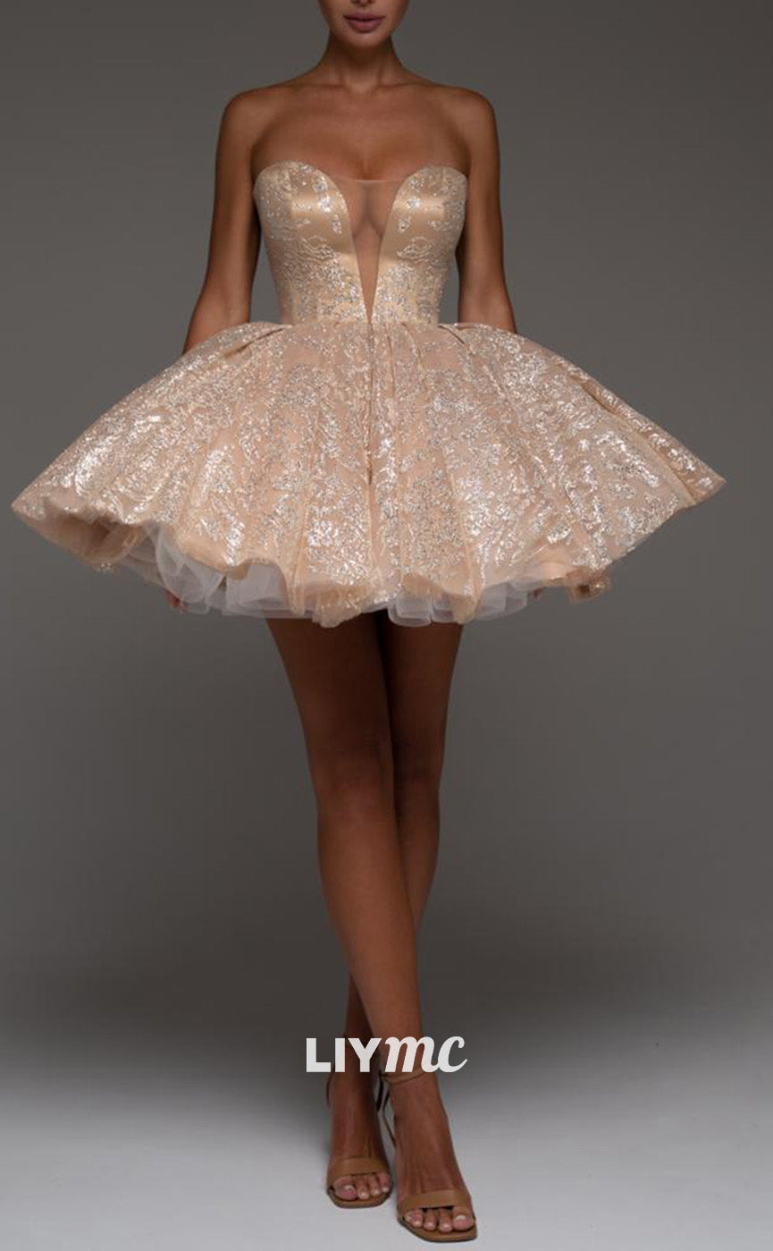 LY318 - V-Neck Sleeves Lace-Up Sparkly Short Homecoming Dress