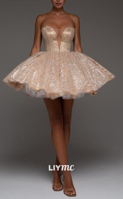LY318 - V-Neck Sleeves Lace-Up Sparkly Short Homecoming Dress