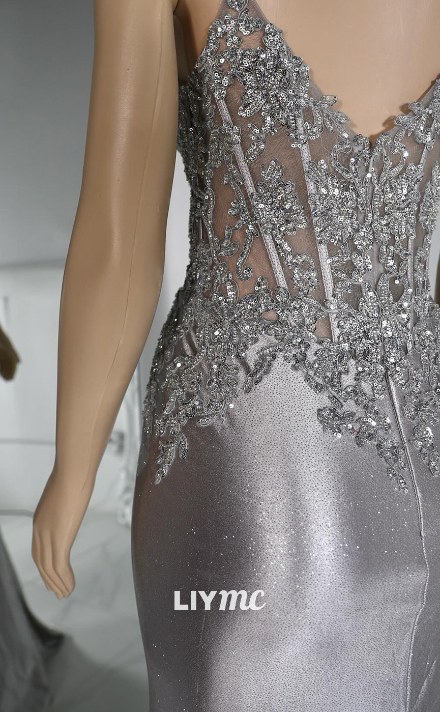 LP1413 - V-Neck Spaghetti Straps Appliques Sequins Sleek Satin Merimaid Prom Dress for Black Girl Slay