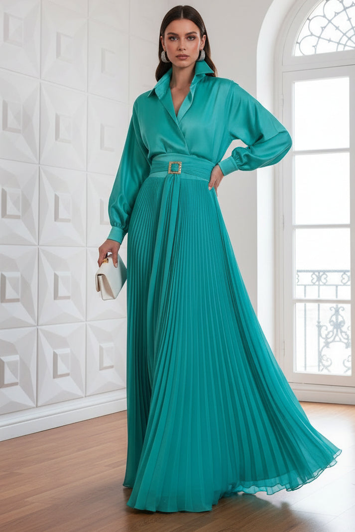V-Neck Long Sleeves Pleated A-Line Mother of Bride Dress