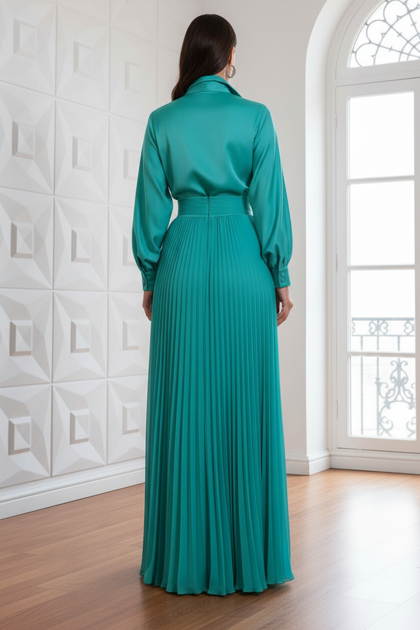 V-Neck Long Sleeves Pleated A-Line Mother of Bride Dress