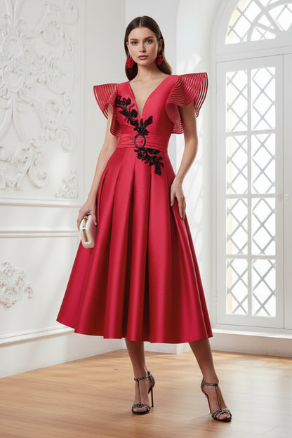 V-Neck Sleeves Appliques A-Line Mother of Bride Dress