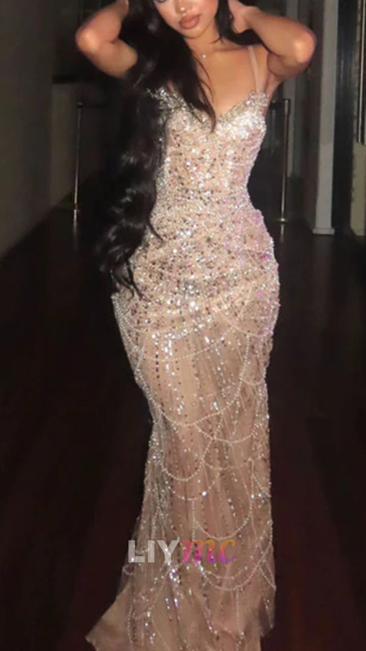 Gorgeous Spaghetti Straps Champagne Sequin Beaded Mermaid Prom Dress Long Evening Gown