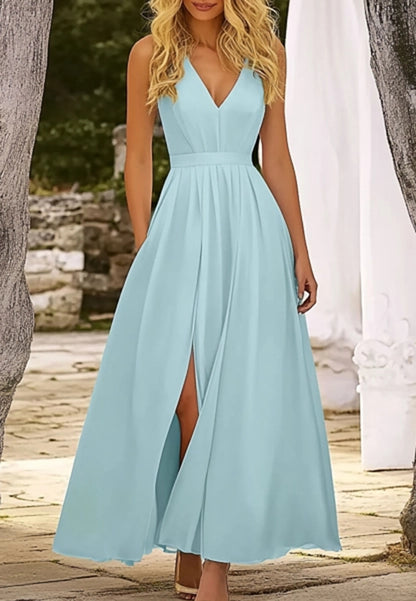 Vacation Wedding Guests Dress Deep V-Neck Sleeveless High Slit Maxi Dress