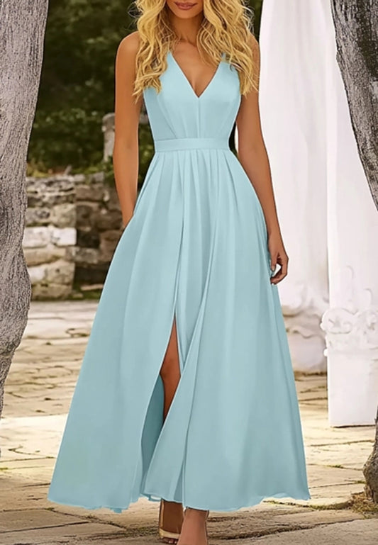 Vacation Wedding Guests Dress Deep V-Neck Sleeveless High Slit Maxi Dress