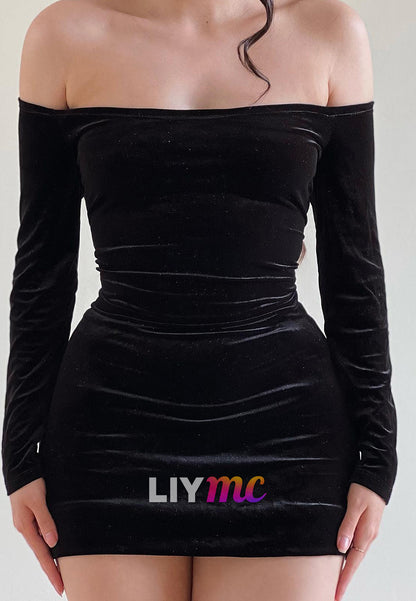 Velvet Long Sleeves Off Shoulder Sheath Party Homecoming Dress