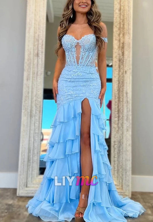 Off The Shoulder Mermaid Chiffon Ruffled Formal Prom Dresses With Appliques
