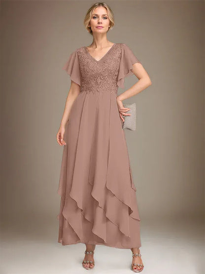 A-line V-Neck Ankle-Length Lace Chiffon Mother of the Bride Dress With Cascading Ruffles