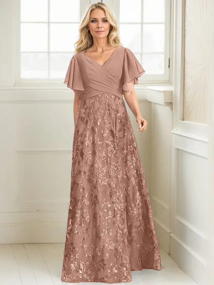 A-line V-Neck Floor-Length Lace Sequin Chiffon Mother of the Bride Dress With Pleated