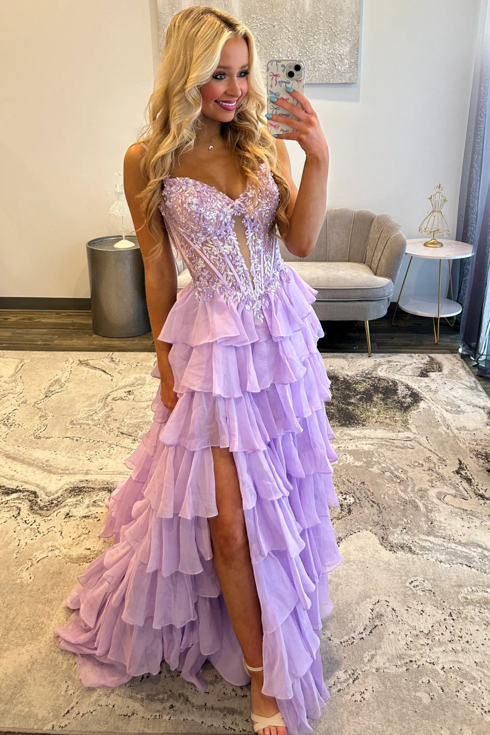 Off Shoulder A Line Corset Lace Appliqued Prom Dresses Long with Ruffled