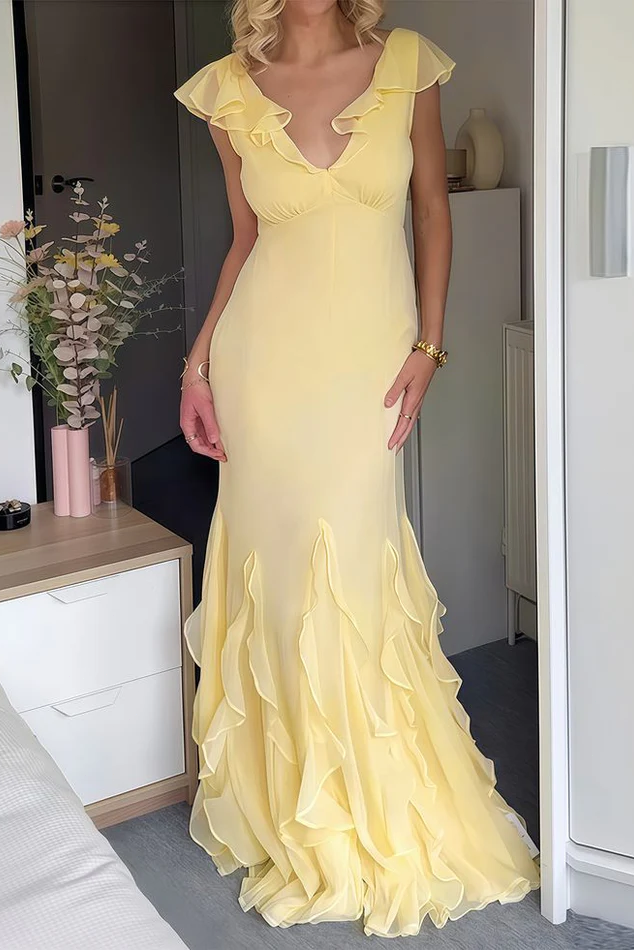 Elegant Yellow Chiffon Mermaid Ruffle Evening Dress,Long Evening Gown