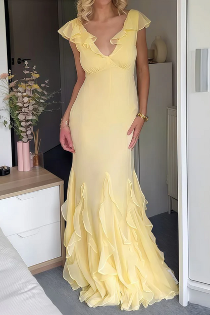 Elegant Yellow Chiffon Mermaid Ruffle Evening Dress,Long Evening Gown