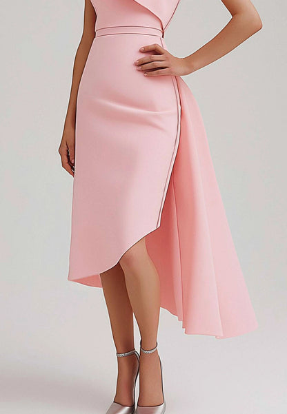 Wedding Guest Semi-Formal Dress Pink Sleeveless Bow Asymmetrical Midi Dress