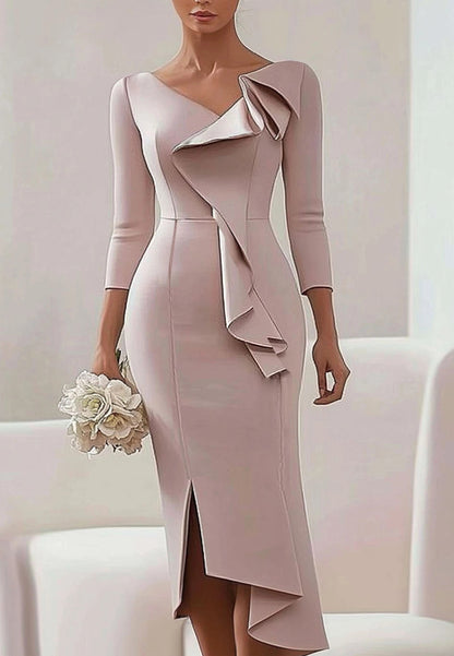 Wedding Guest Work Dress Ruffle  V Neck Midi Dress