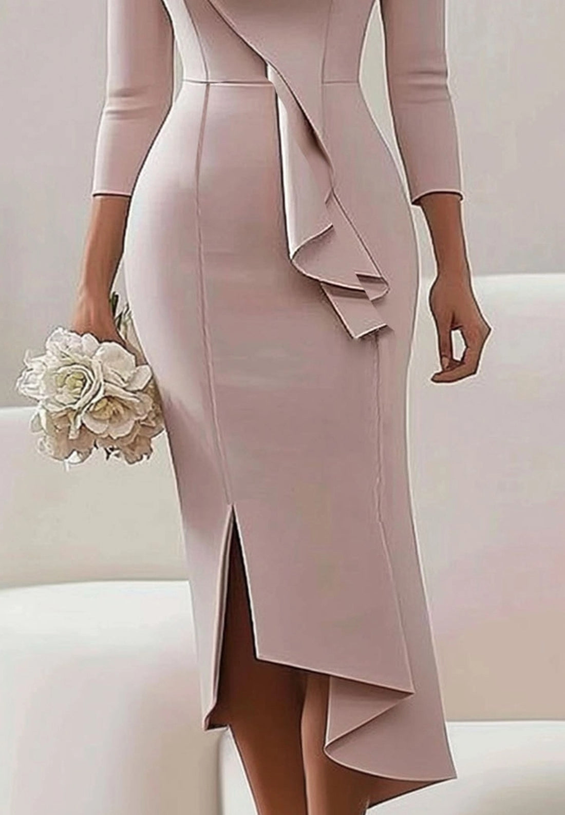 Wedding Guest Work Dress Ruffle  V Neck Midi Dress