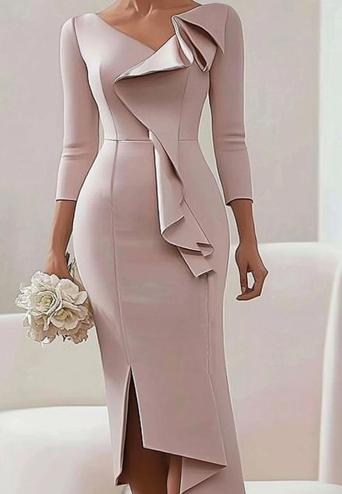 Wedding Guest Work Dress Ruffle  V Neck Midi Dress