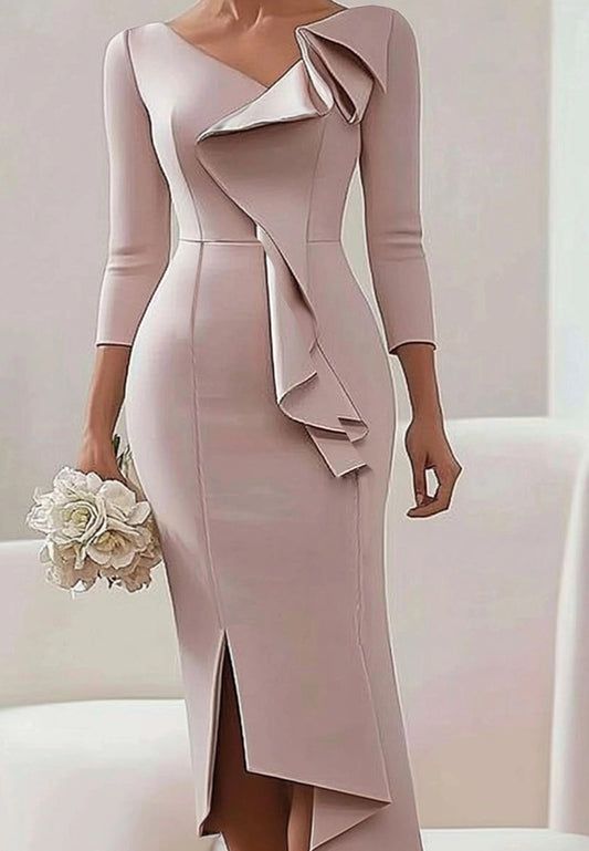 Wedding Guest Work Dress Ruffle  V Neck Midi Dress