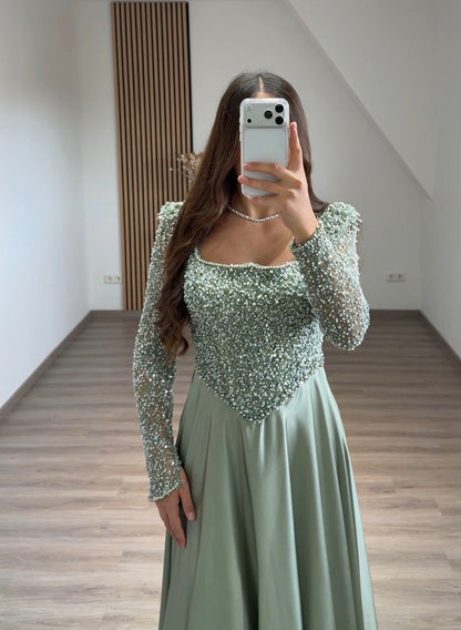 Scoop Long Sleeves Beaded Embroidery A-Line Evening Dress