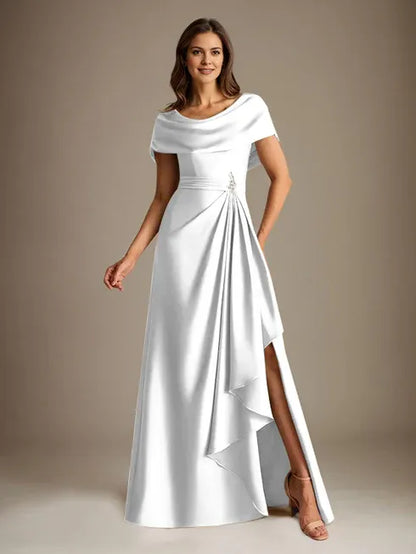 A-Line Scoop Floor-Length Stretch Satin Mother of the Bride Dress With Cascading Ruffles