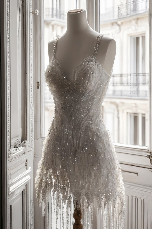 White Beaded Short Prom Dress