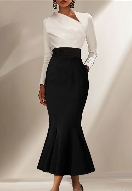 White Black Long-Sleeve Pencil Dress Flare Mermaid Work Dress