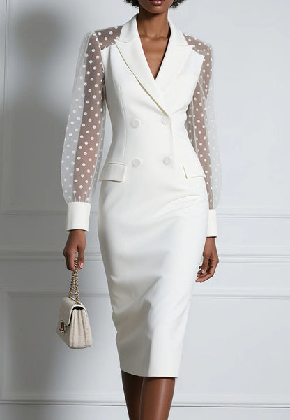 White Buckle Blazer Peaked Lapel Collar Long Sleeve Sheath Midi Dress
